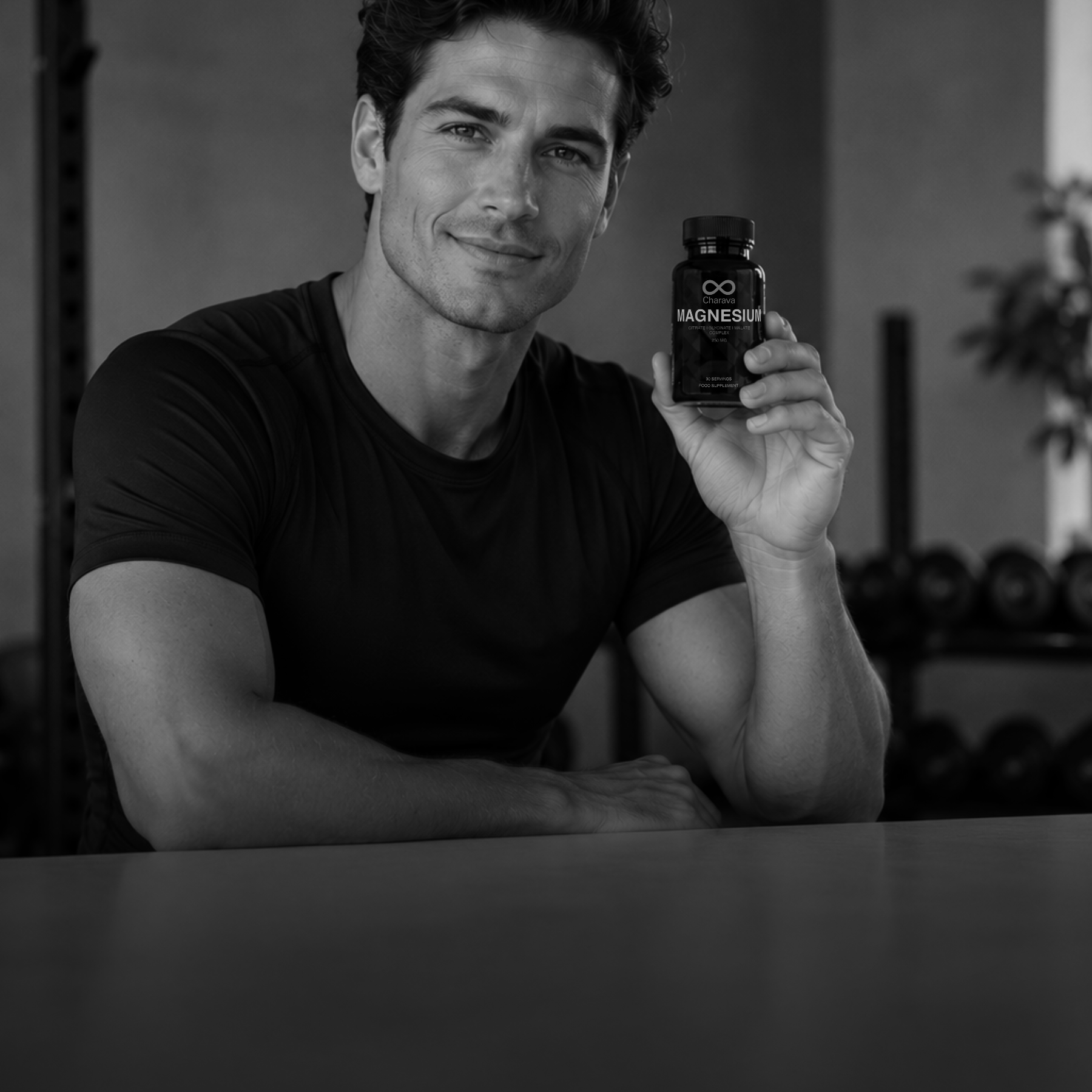 Man holding a supplement bottle labeled 'Magnesium' in a gym setting