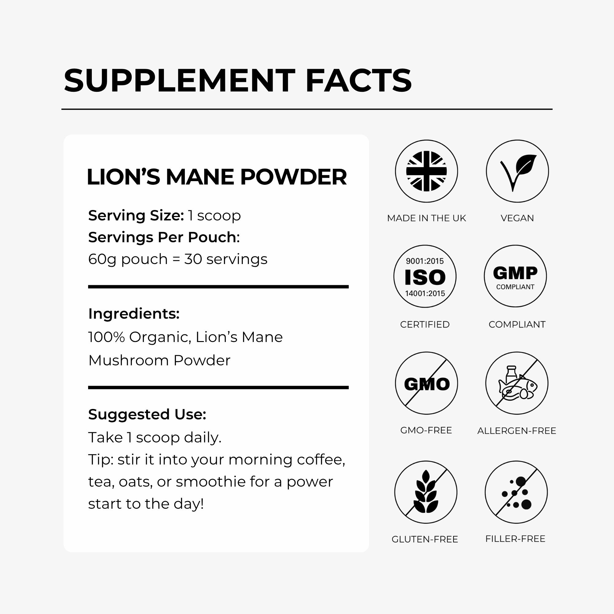 Lion's Mane Powder - 60 Grams - 30 Servings - Charava UK