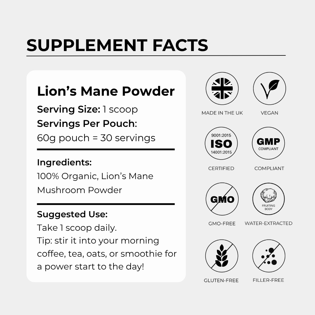 Lion's Mane Powder - 60 Grams - 30 Servings - Charava UK